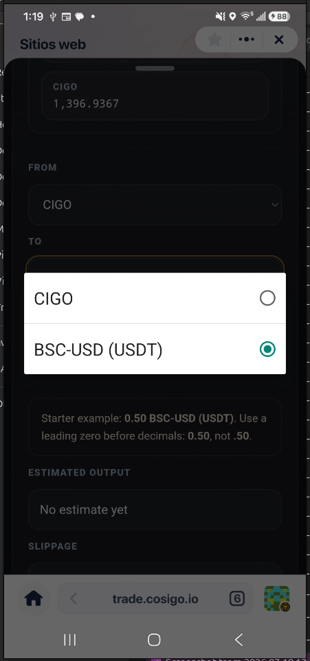 Selecting CIGO to BSC-USD USDT