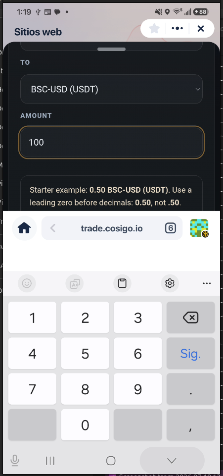 Entering 100 CIGO as the swap amount