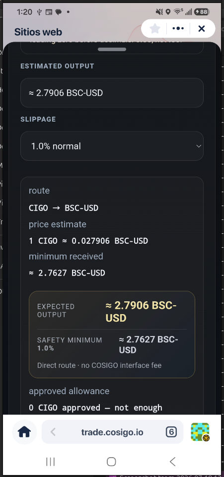 CIGO swap estimate showing expected USDT