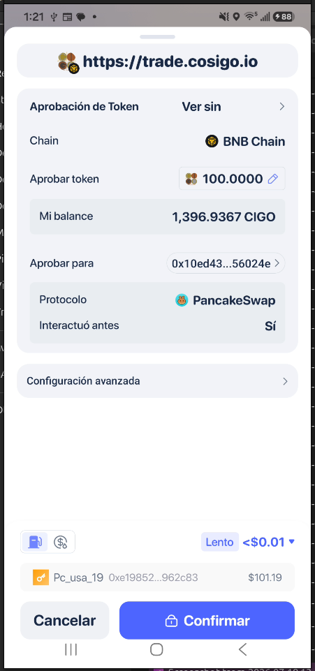 Rabby exact 100 CIGO approval confirmation