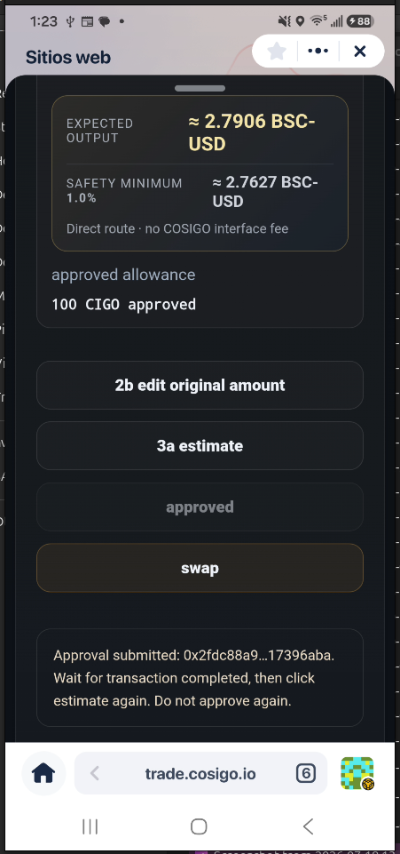 CIGO permission completed and swap button ready