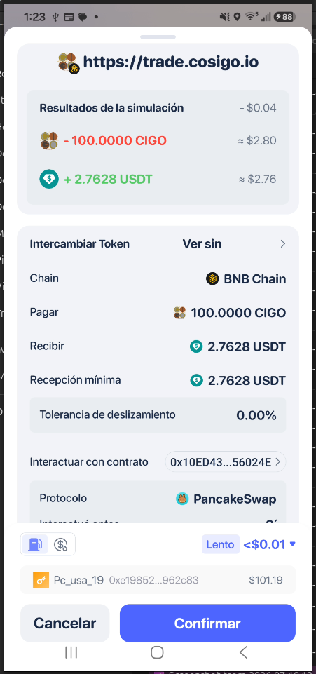 Rabby simulation of the CIGO to USDT swap
