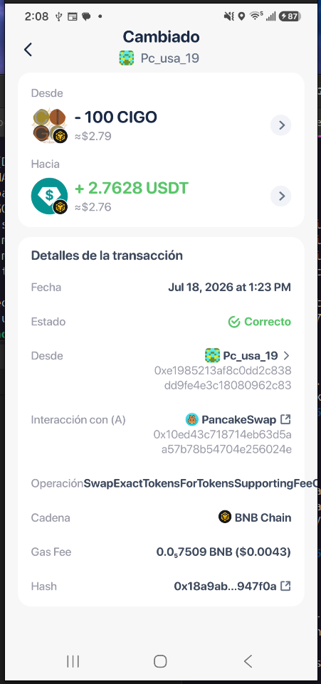 Rabby successful CIGO to USDT transaction details