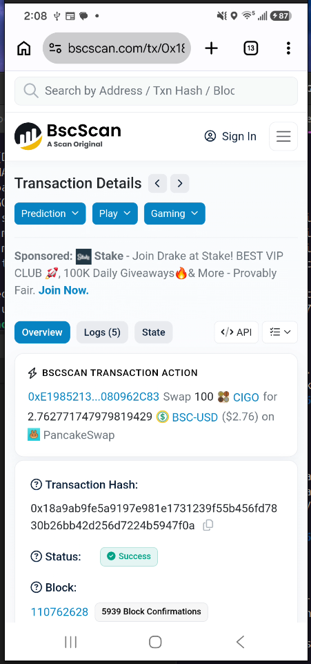 BscScan public receipt showing successful CIGO to USDT swap