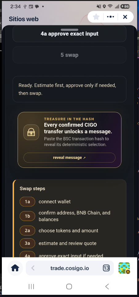 Reveal message button on the CIGO swap page