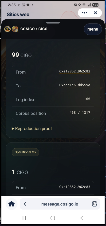 CIGO message proof showing 99 net CIGO and 1 CIGO operational tax