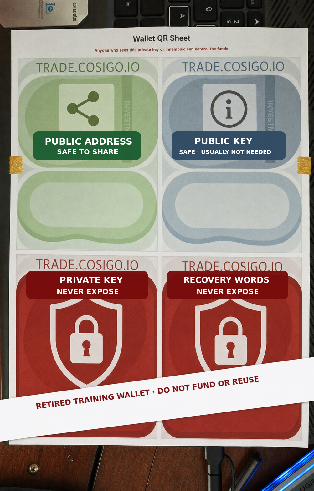 Sanitized training paper wallet showing which sections may be shared and which must never be exposed