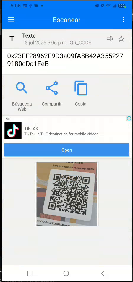 QR reader showing a copied public wallet address