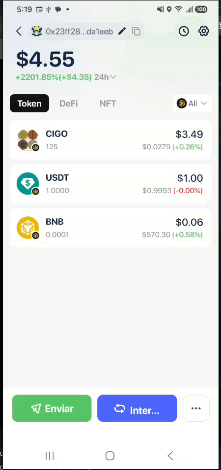 Imported Rabby wallet showing 125 CIGO, one USDT, and a small BNB balance