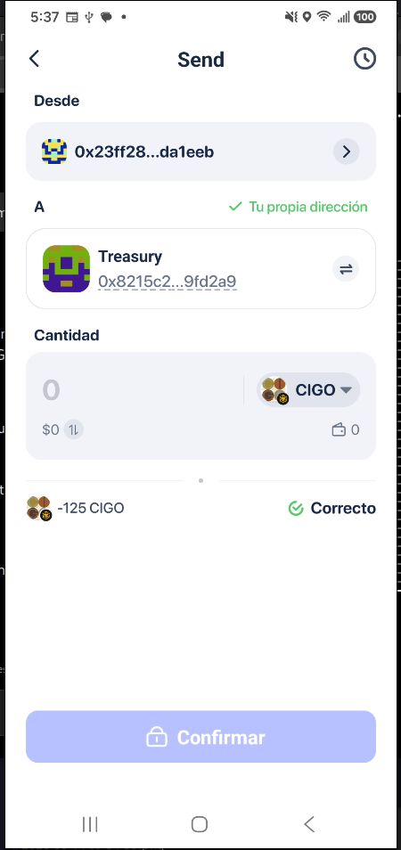 Rabby showing that all 125 training CIGO was returned to COSIGO Treasury